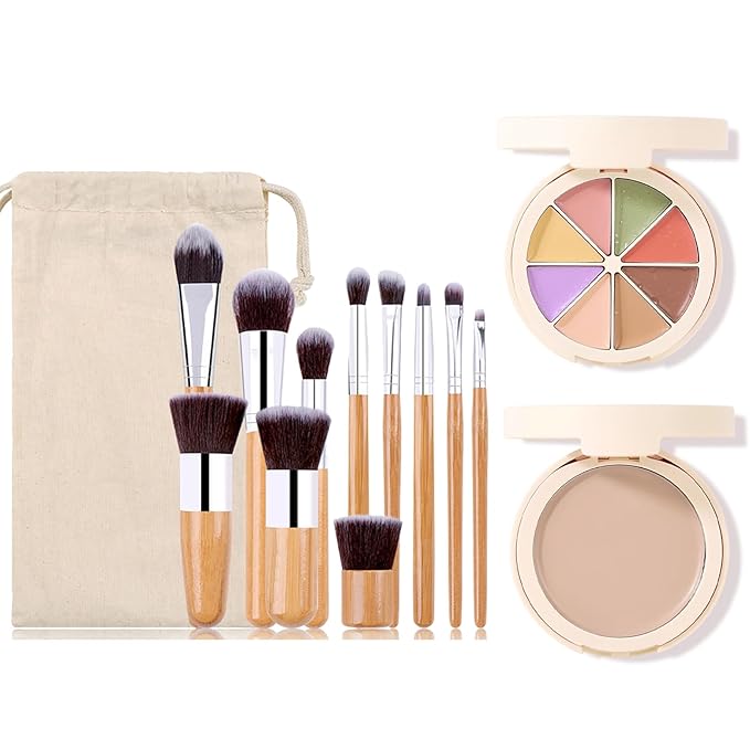 Foundation Concealer Palette with Makeup Sponges & Applicator, 11 Pcs Foundation Powder Concealers Eye shadows Blush Makeup Brushes, 2 in 1 Compact Contouring Duo Layer Plate, Pearl White-Velvo Beauty
