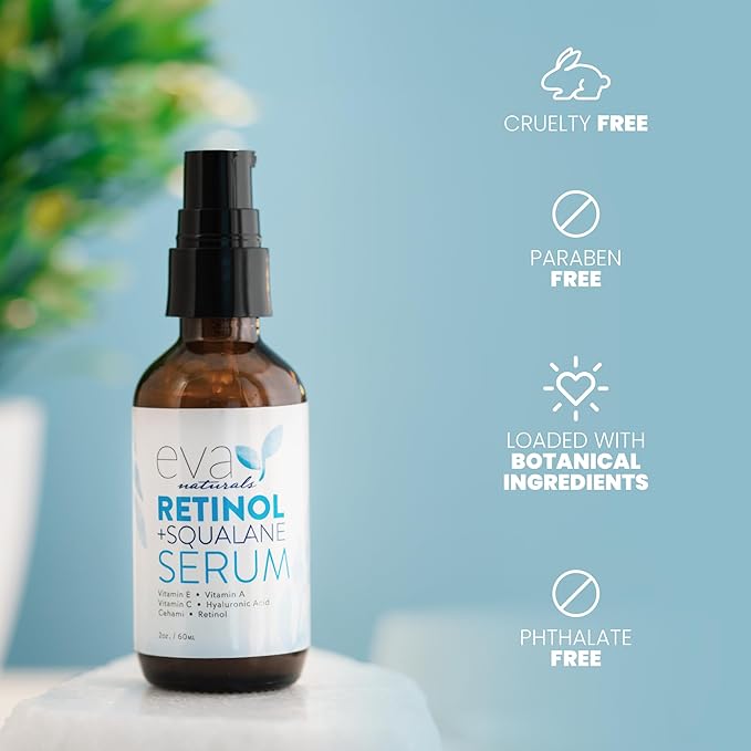 Eva Naturals Retinol + Squalane Serum – Anti Aging Face Serum for Wrinkles, Collagen Boost, Eye & Night Use – Retinoid Skin Care for Acne, Pores, Dark Spots & Sensitive Skin-Velvo Beauty