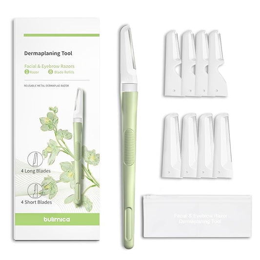 Face Razors for Women, Dermaplane Razor for Women Face, Eyebrow Razor, Facial Razors, Dermaplaning Tool, Reusable Metal Handle with 8 Microblades for Sensitive Skin, Peach Fuzz Remover, Green-Velvo Beauty