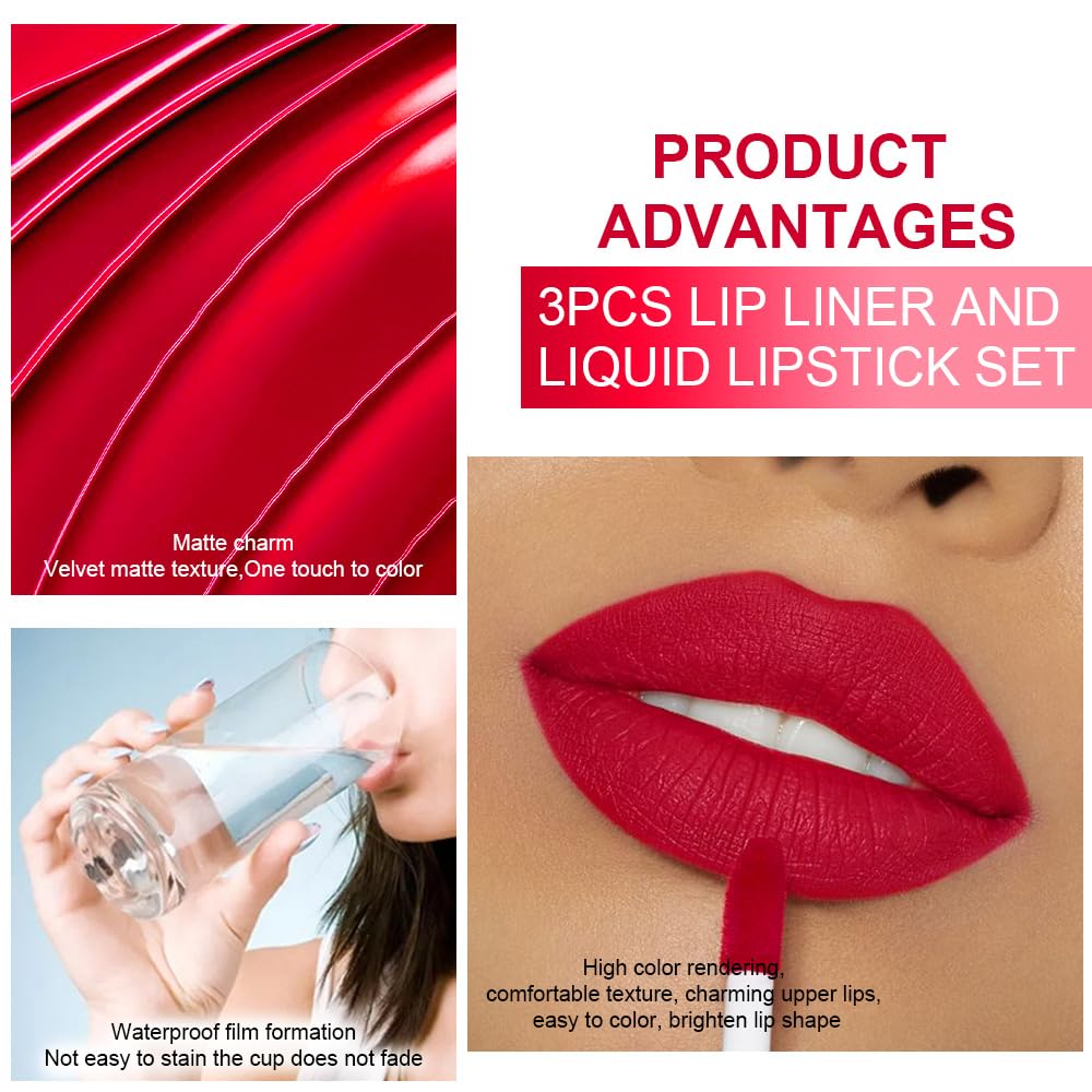 evpct 3Pcs Dark Red Orange Fire Red Matte Lip Liner & Liquid Lipstick Stain Makeup Set for Women, Lip Liner Stain Long Lasting Waterproof Smudge Proof, Cruelty Free Lip Makeup 24 hours original labios-Velvo Beauty