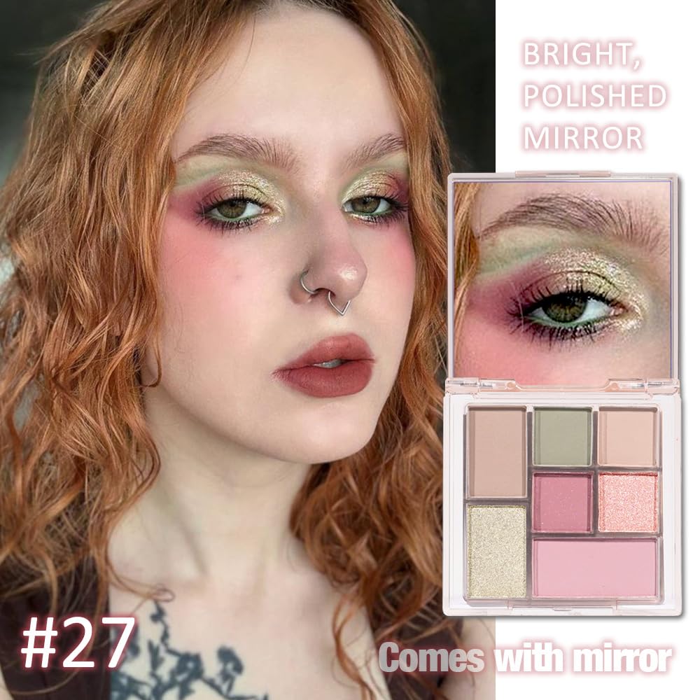 Nude Pink 7Colors Eyeshadow Makeup Palette with Mirror,Green Natural Neutral Eye Shadow Palettes for Older Women,Long Lasting Naturing-Looking,Lightweight,Waterproof,Eye Makeup Kit Travel Size,Vegan-Velvo Beauty