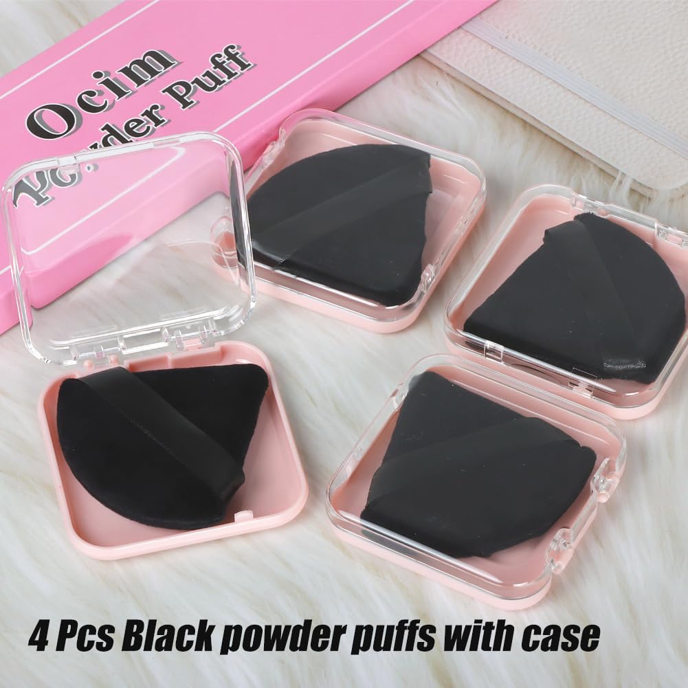 Ocim 4 Pcs Triangle Powder Puffs for Face Powder,Soft Velour Triangular Beauty Puff,Makeup Pressed, Baking & Setting Powder Sponge Applicator Pads with Case,black-Velvo Beauty