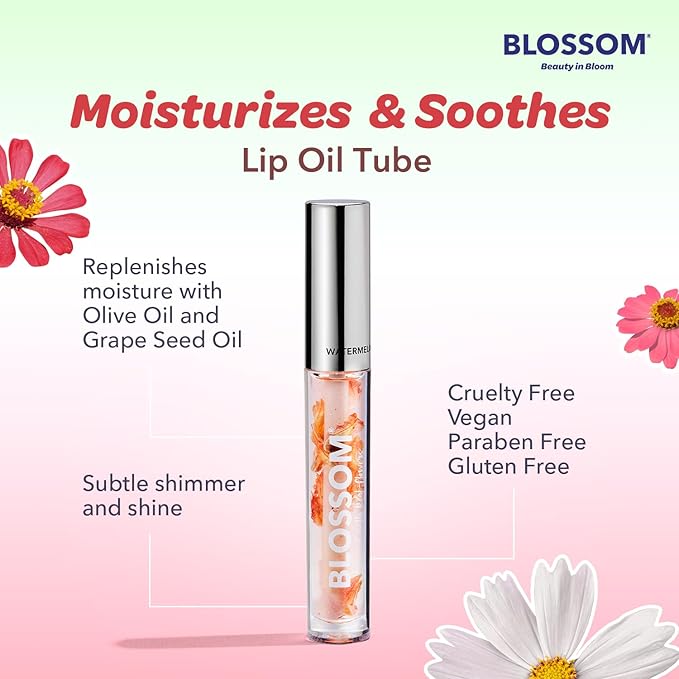 Blossom Moisturizing and Hydrating Shimmer Sparkle Lip Oil with Olive Oil + Grape Seed Oil, Infused with Real Flowers, 6g, Holiday Stocking Stuffer, 2 pack, Coconut/Watermelon-Velvo Beauty