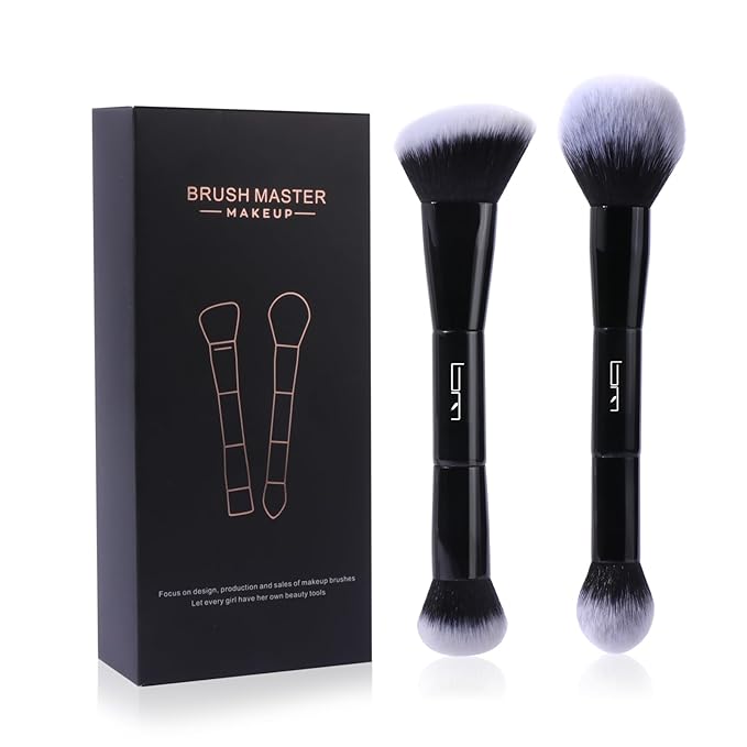 2Pcs Duo End Makeup Brushes, Foundation, Powder, Contour, Concealer, eye makeup Brush, Double-ended Multi-functional Synthetic Cosmetic Tools Makeup Brushes(Black)-Velvo Beauty