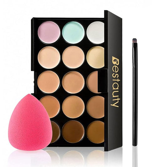 Color Correcting Concealer Palette, Bestauty 15 Colors Multi-Use Concealer Highlighting Makeup Kit with Sponge Puff Oval & Makeup Brush-Velvo Beauty