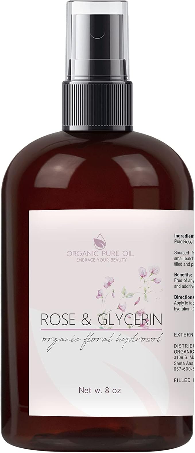 Rosewater Glycerin Mist Toner Bulk Spray Facial Body Floral Cleanser 100% Pure Rose Hydrosol and Vegetable Glycerine Moisturizing Cleansing Toning Mix for Face Skin Hair Body (8 Ounces)-Velvo Beauty