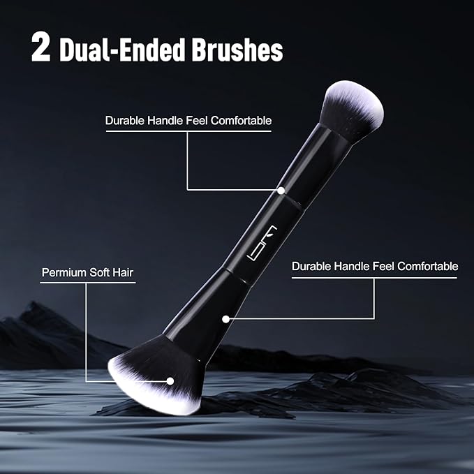 2Pcs Duo End Makeup Brushes, Foundation, Powder, Contour, Concealer, eye makeup Brush, Double-ended Multi-functional Synthetic Cosmetic Tools Makeup Brushes(Black)-Velvo Beauty