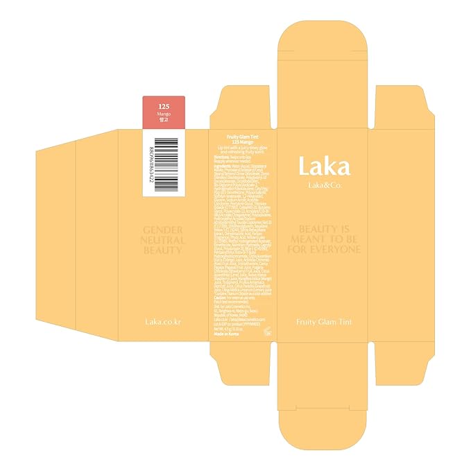 Laka Fruity Glam Tint, 4.5g/0.15 oz., Glowing Lip Stain with Wide Color Spectrum, Hydrating & Lightweight Texture, Long-Lasting Bold Stain, Non-Sticky, Vegan, K-Beauty (#125 Mango)-Velvo Beauty