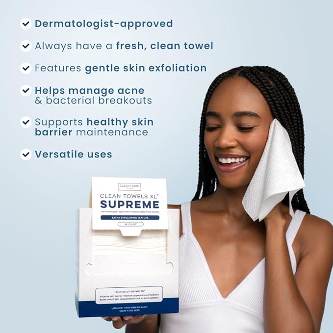 Clean Skin Club Clean Towels XL™ Supreme, 100% USDA Biobased Dermatologist Approved Face Towel, Gentle Exfoliation, Disposable Facial Washcloth, Makeup Remover Dry Wipes, 50 Count-Velvo Beauty