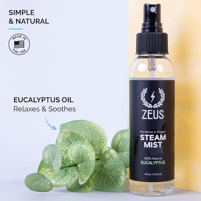 ZEUS 100% Natural Eucalyptus Oil Steam Mist, Aromatherapy Spray for Shower, Sauna, Bath & Pre-Shave, Nasal Relief & Spa-Inspired Refreshment (Made in USA) 4 oz.-Velvo Beauty