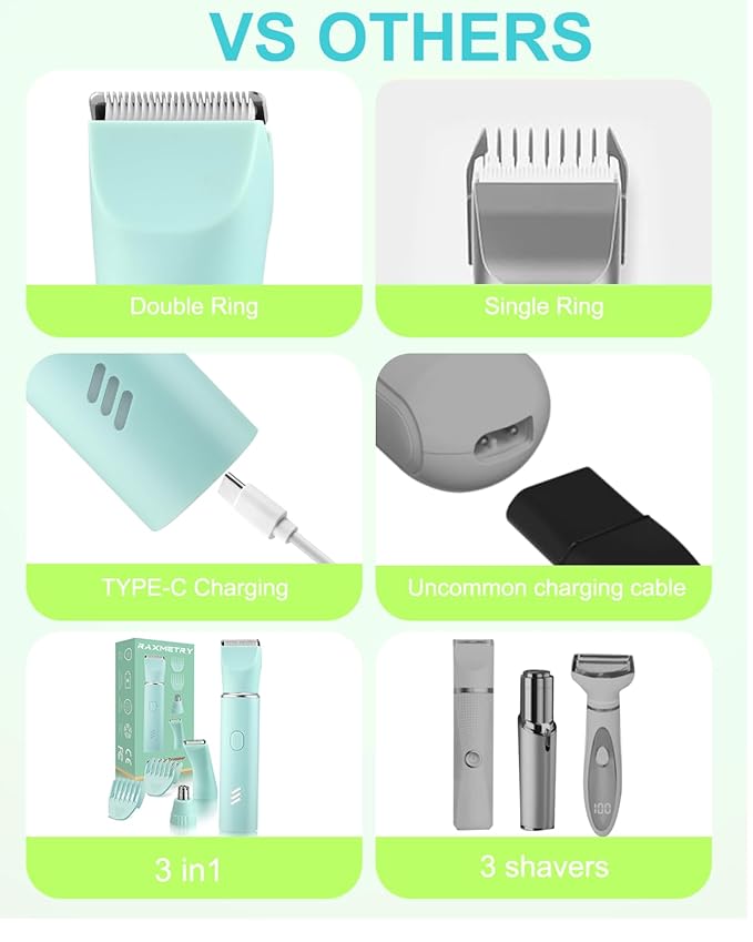 Bikini Trimmer for Women,2-in-1 Painless Electric Razors & Shaver Nose,IPX7 Waterproof,Body Hair Trimmer for Underarm/Pubic/Nose/Legs,USB-C Rechargeable Women's Grooming Kit (Mint Green)-Velvo Beauty