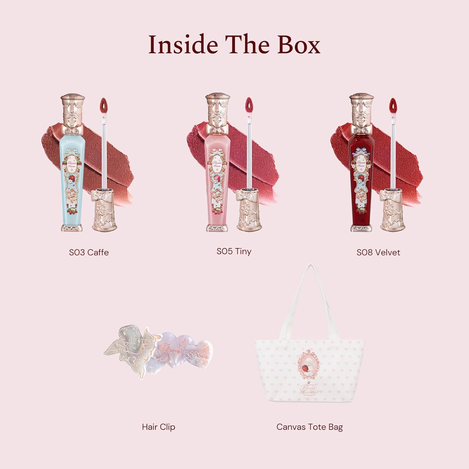 Flower Knows Strawberry Cupid Cake Lip Cream 3-Piece Set,V03+V06+V07 with Canvas Tote Bag & Hair Clip,Velvety Matte Liquid Lipsticks,Moisturizing Long Lasting Lip Stain for Girls & Wome-Velvo Beauty