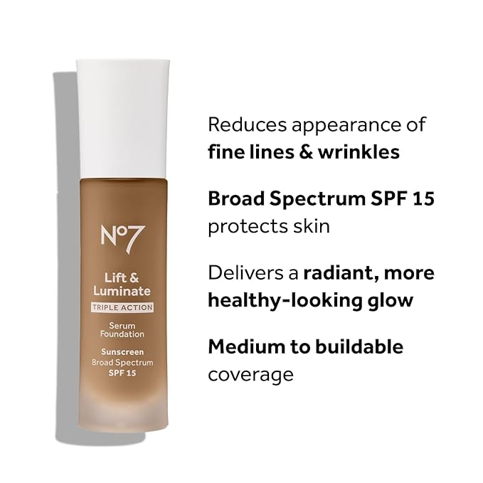 No7 Lift & Luminate Triple Action Serum Foundation - Liquid Makeup with SPF 15 for a Dewy, Glowy Base - Radiant Formula for Mature Skin - Cashew (30ml)-Velvo Beauty
