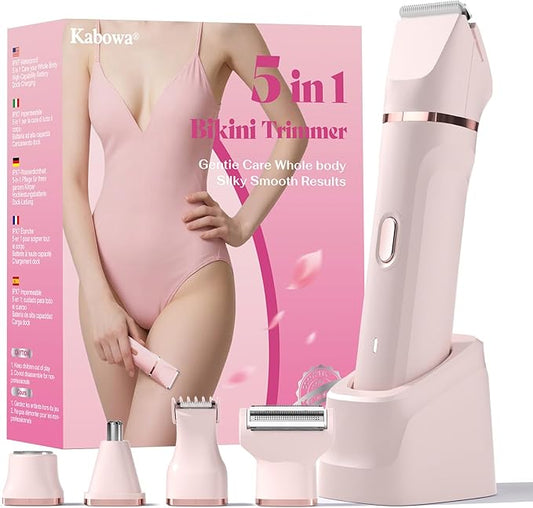 Bikini Trimmer for Women - 5 in 1 Painless Electric Razors for Ladies Pubic Facial Nose Body Leg Hair Removal, Waterproof Electric Shaver for Women Private Area Sensitive Skin,Personal Hair Trimmer-Velvo Beauty
