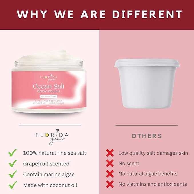 Sea Salt Body Scrub by Florida Suncare - Ocean Salt Body Polish Infused with Marine Algae - Exfoliating Face and Body Scrub - Facial Scrub Exfoliator to Tackle Acne (Grapefruit, 3.3 oz)-Velvo Beauty