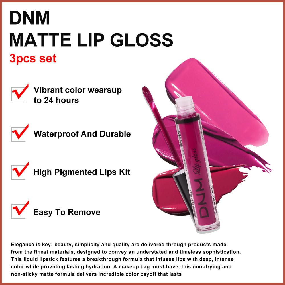 evpct 3Pcs Rose red plum Warm pink Deep cranberry Matte Liquid Lipstick Set for Women 24-hour Matte Lipstick Lip Stain Gloss Long Lasting 24 Smudge Waterproof labiales mate larga duracion 24-Velvo Beauty