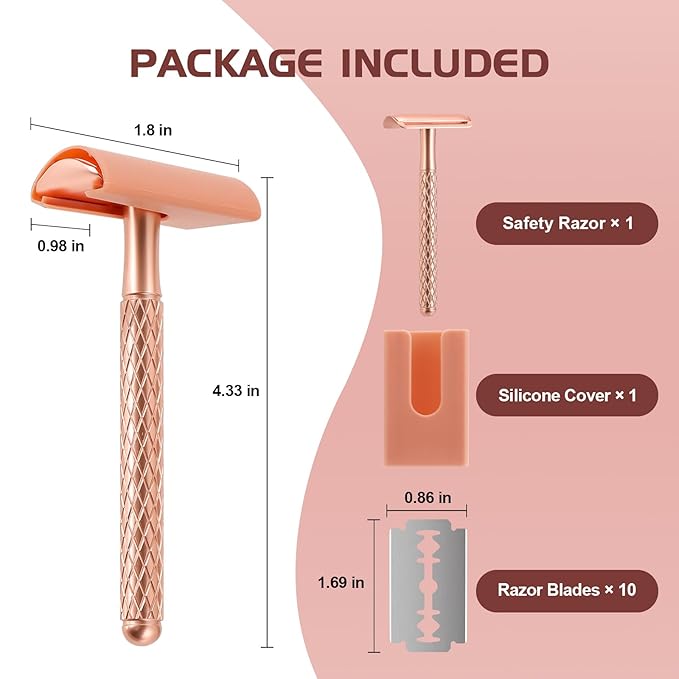 Double Edge Safety Razor for Women with Silicone Cover & 10 Blades for Travel Metal Eco-Friendly Reusable Single Blade Razor for Shaving (Rose Gold)-Velvo Beauty