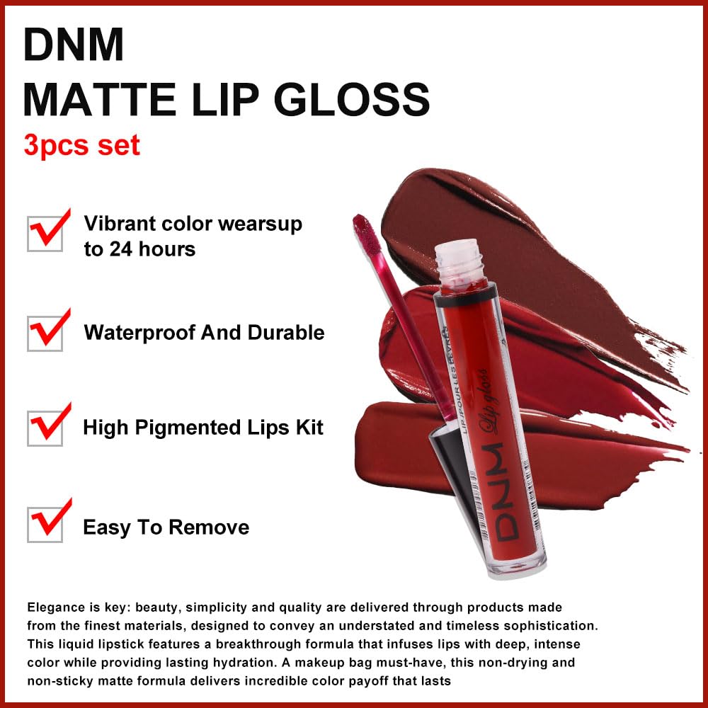 evpct 3Pcs Dark Deep Ruby Light Rose red Brown red Matte Liquid Lipstick Sets for Women 24-hour Matte+Lipstick Lipsticks Lip Stain Gloss Long Lasting 24 Smudge Waterproof-Velvo Beauty