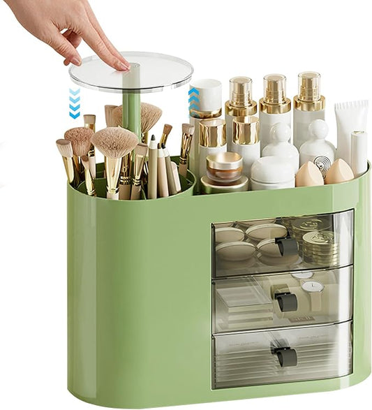 DASITON Makeup Organizer with 3 Drawers,Automatic Lifting Makeup Brush Holder with Lid,Large Capacity Makeup Organizers for Vanity,Bathroom Countertop,Ideal Storage Skin Care,Brushes,Lipstick (Green)-Velvo Beauty
