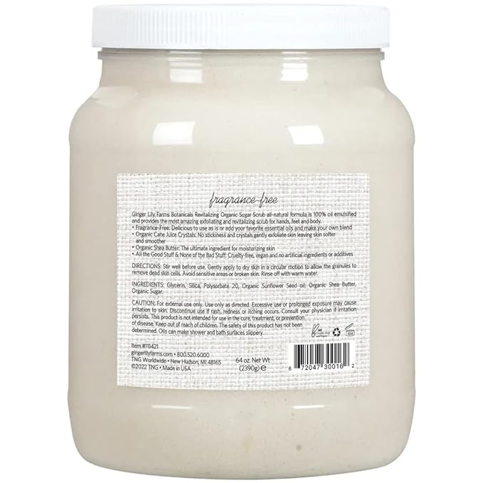 Ginger Lily Farms Botanicals Revitalizing Organic Sugar Scrub, All-Natural Skin Exfoliating Sugar Crystals, 100% Vegan & Cruelty-Free, Fragrance-Free, 64 oz.-Velvo Beauty
