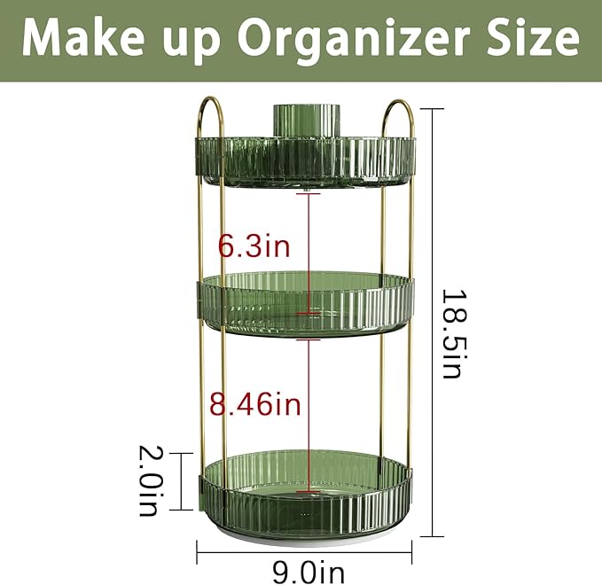 Rotating Makeup Organizer for Vanity, High-Capacity Skincare Clear Make Up Storage Perfume Organizers Cosmetic Dresser Organizer Countertop 360 Spinning (Green, New-3 Tier)-Velvo Beauty