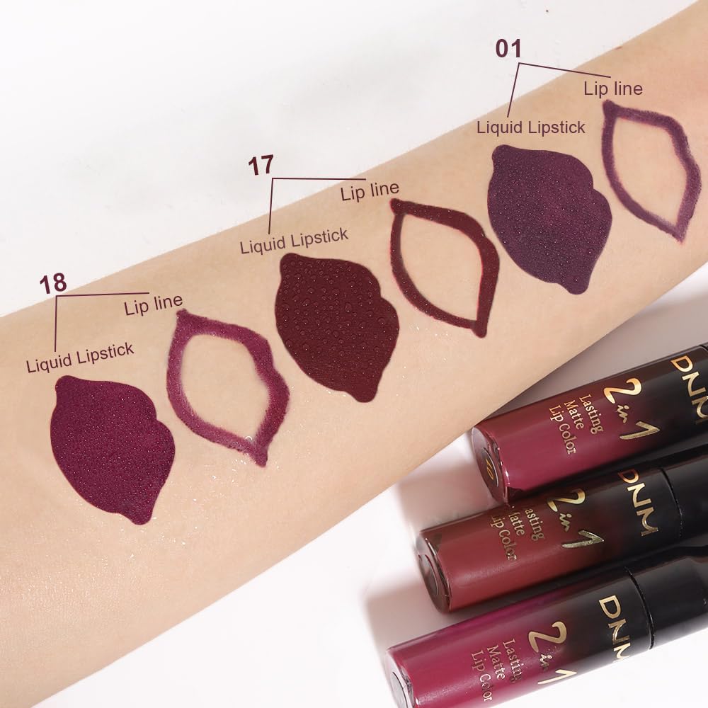 evpct 3Pcs Dark Red Purple Plum Matte Liquid Lipstick and Lip Liner Set for Women Matte Burgundy Lip Tint Stain Long Lasting Waterproof, Black Cherry Blood Red Mauve Brown Gothic Goth Lipsticks Makeup-Velvo Beauty