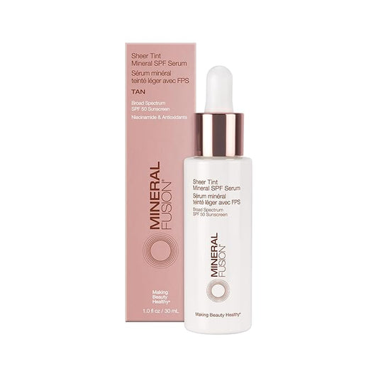 Mineral Fusion Face Serum, Sheer Tint Mineral SPF Serum, 1 Fl Oz, Tan, Tinted Broad Spectrum SPF 50 Mineral Sunscreen, Sheer Coverage, Lightweight & Dewy Finish for Glowing, Protected Skin-Velvo Beauty