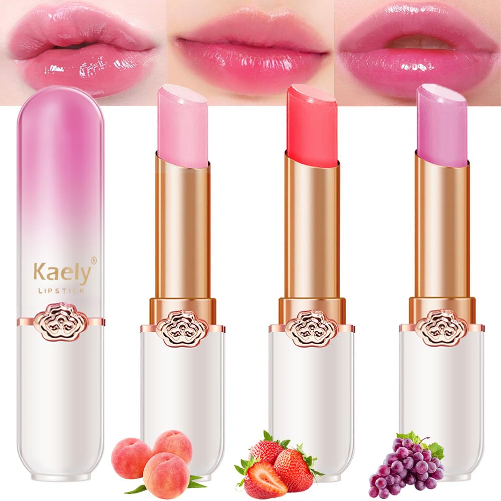 Kaely 3Pcs Peach Strawberry Grape Hydrating Lipstick Tinted Lip Balm, Color Changing PH Lipstick Makeup, Korean Magic Lip Stain Long Lasting Waterproof, labiales magicos 24 horas originales-Velvo Beauty