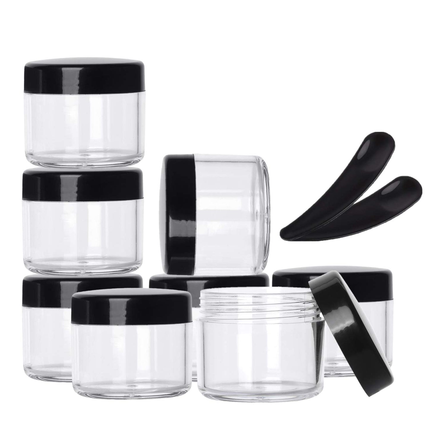 Refillable Cosmetic Sample Jars - 100 Pack 20g (0.7oz) Black Small Travel Containers with Lids + 10 Mini Makeup Spatulas - BPA Free-Velvo Beauty