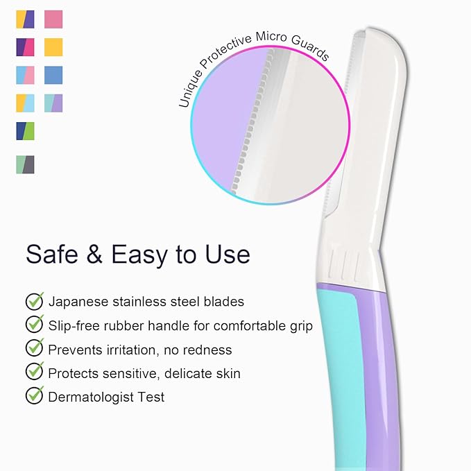 Face Razors for Women, Dermaplane Razor for Women Face, Eyebrow Razor, Dermaplaning Tool, Skin Safe Microblades, Peach Fuzz Remover, Skin Care Tool, Travel Essentials, (12ct, Wisteria)-Velvo Beauty