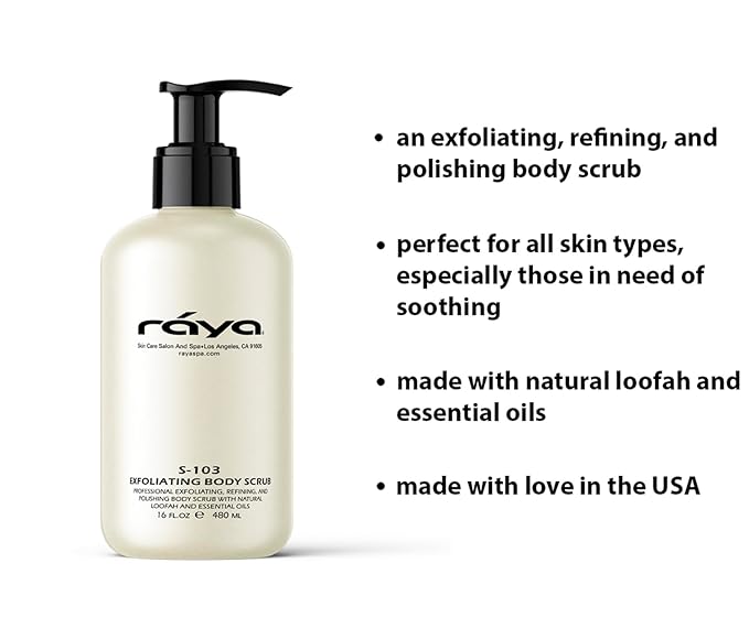 RAYA Exfoliating Body Scrub 16 oz (S-103) | Exfoliating, Refining, and Polishing Body Scrub | Made with Natural Loofah and Essential Oils | Relieves Ingrown Hairs-Velvo Beauty
