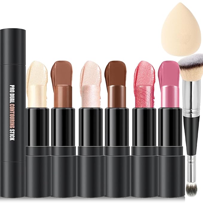 6 Colors Cream Contour Stick Makeup Kit, Shades with Highlighter, Blush and Double-End Bronzer Contour Stick for Sculpt the Cheeks, Long Lasting, Waterproof, Matte & Dewy Finish(SET A)-Velvo Beauty
