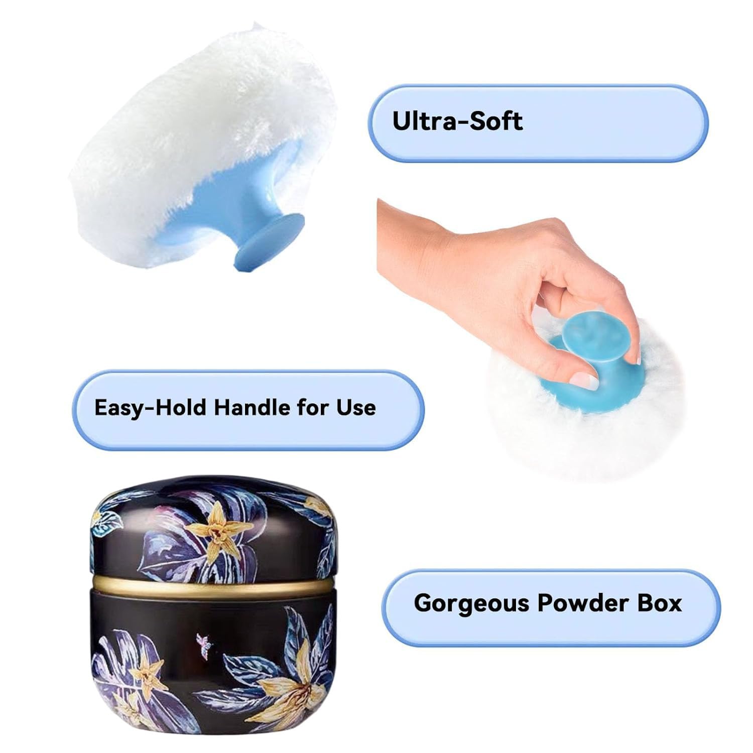 Body Powder Puff and Container, 3.35" Portable Dusting Powder Container with Soft Puff Loose Powder Case Box Jar with Lids for Baby Women Home and Travel Use-Velvo Beauty
