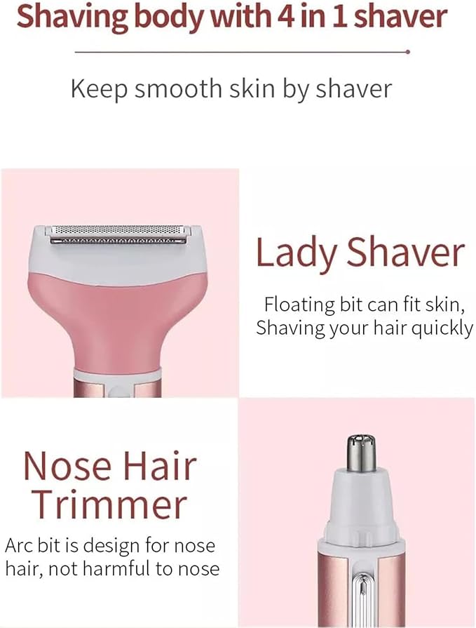 4-in-1 Electric Razor for Women - Painless Facial Hair Removal, Bikini Trimmer, Eyebrow & Body Groomer - Rechargeable Hair Clippers Set for Underarms, Legs & Nose-Velvo Beauty