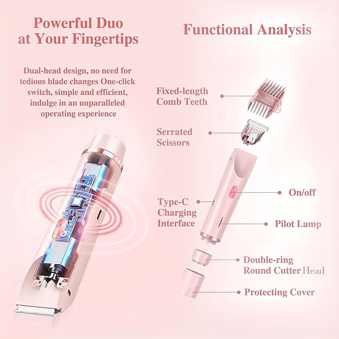 2025 Womens Shaver Dual-Head Bikini Trimmer for Women 2-in-1 Women's Body Shaver USB Charge Waterproof Painless Electric Razors for Silk Skin (Pink)-Velvo Beauty