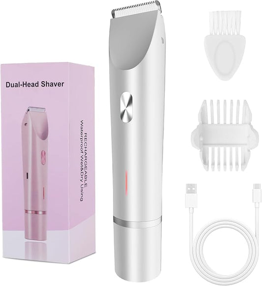 2-in-1 Bikini Trimmer for Women, Bikini Shaver with Dual Heads, Painless Body and Facial Hair Removal, Rechargeable Cordless Electric Razors for Face Chin Pubic Underarm Legs, IPX7 Waterproof, White-Velvo Beauty