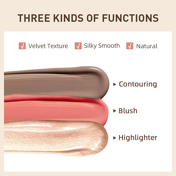 Erinde 3 Colors Liquid Highlighter Blush Contour Set, Natural Matte Face Blush Bronzer, Natural Glossy Liquid Illuminator for Face and Body, Lightweight Blendable Silky Smooth Texture, Cruelty-free-Velvo Beauty