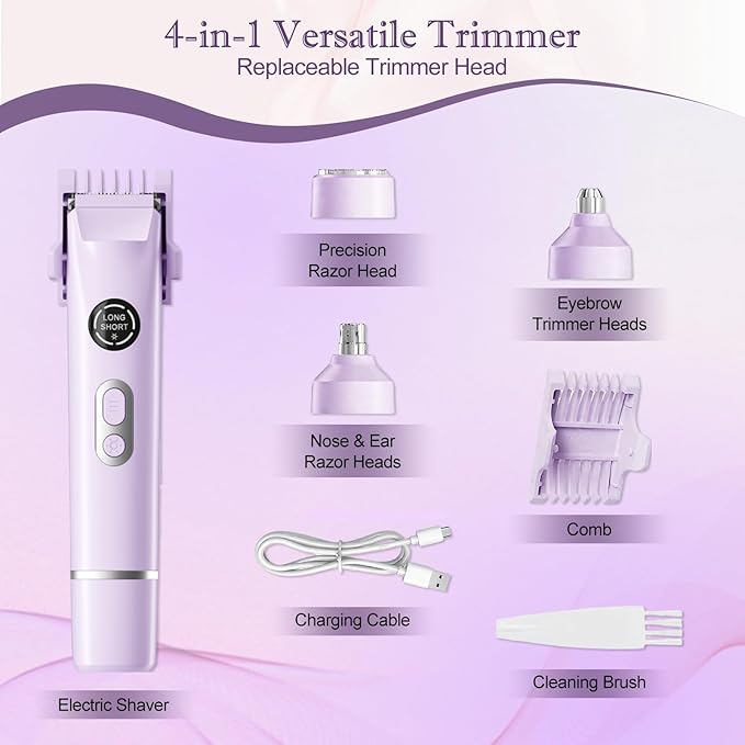 Upgrade Dermave Bikini Shaver, Dual Head 4 in 1 Bikini Trimmer for Women, IPX7 Waterproof Wet & Dry Use Electric Razor with Led Light and Display for Nose, Eyebrow, Bikini, Body (Purple)-Velvo Beauty