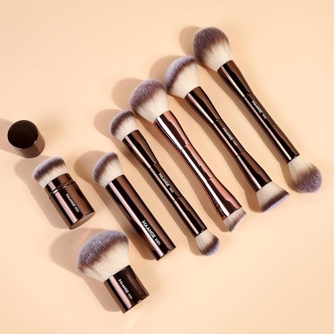 MAANGE 7pcs Makeup Brush Set Double Sided Kabuki Makeup Brushes Contour Brush for Foundation Liquid Powder Concealer Cream Cosmetics Bronzer Blending Blush Buffing Makeup Tools (Coffee)-Velvo Beauty