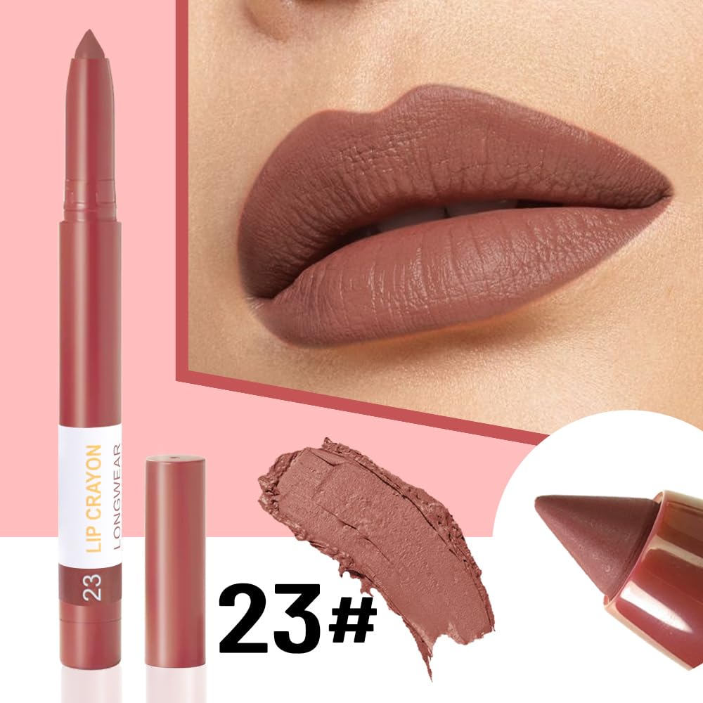 BINGBRUSH Lip Crayons Matte Longwear Lipstick Pack Set,Moisture Smooth Lipliner With Built-in Sharpener Ultimate Super Stay Ink Lip Crayon for Makeup- Waterproof Velvet Lipgloss Lip Stain(23#Brown)-Velvo Beauty