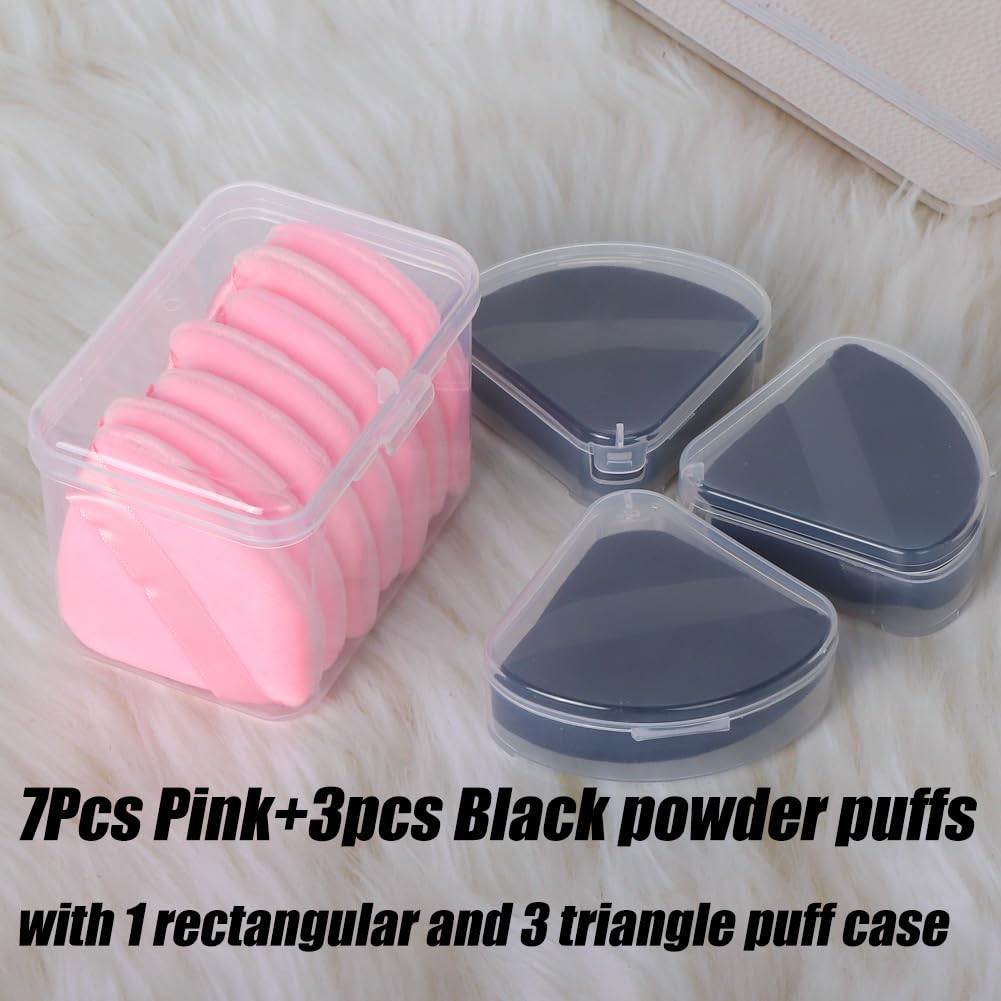 Ocim 10Pcs Powder Puffs for Face Powder,Soft Velour Triangle Beauty Puff,Makeup Pressed,Baking & Setting Powder Sponge Applicator Pads with Case,Black&Pink-Velvo Beauty