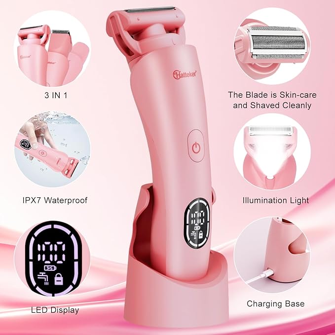 Hatteker Women's Electric Shaver Bikini Trimmer Hair Trimmer for Women LED Display Electric Razor for Legs Bikini Underarm Public Hairs Led Display IPX7 Waterproof Gift for Women (Pink)-Velvo Beauty