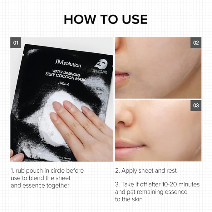 JMsolution Water Luminuous Silky Cocoon Black Mask - Korean Skincare Facial Mask - Silkworm extract amino acid -Nutrition and Moisturization Synergy - 10 sheets for a sensitive skin-Velvo Beauty