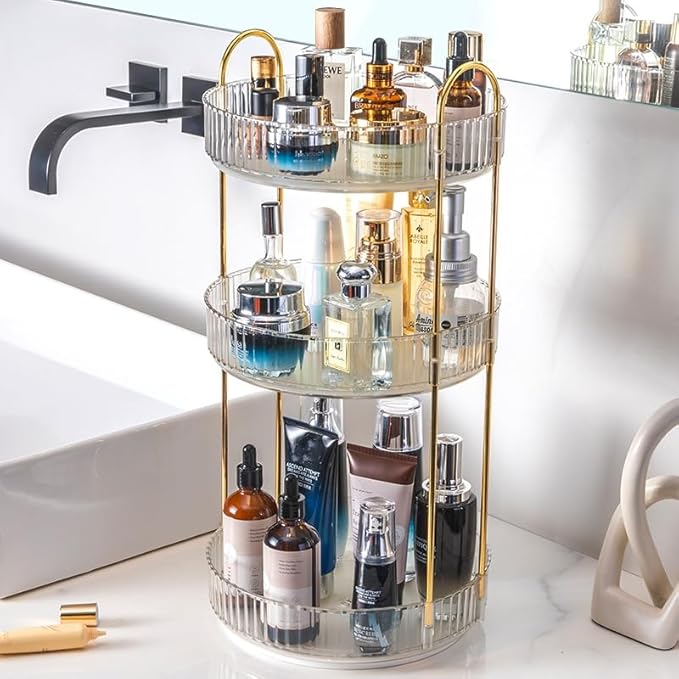 Vanity Organizer - 360 Rotating Countertop, High-Capacity Skincare & Cosmetics Organizer (3 Tiers, Clear)-Velvo Beauty
