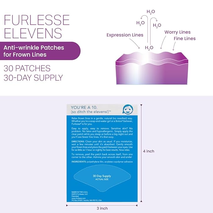 Furlesse Elevens Wrinkle Patches, Overnight Wrinkle Patches for Frown Lines, Non-Invasive Anti-Wrinkle Patches, Anti-Aging Skincare, 30 Patches, 30-Day Use-Velvo Beauty