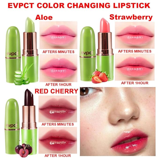 evpct 3Pcs Magic Color Changing Lipstick 24 Hours Original for Women Lasting Waterproof, Aloe Vera Strawberry Black Red Cherry PH Mood Permanent Hardpointing color changing Lipstick Tinted Lip balms-Velvo Beauty