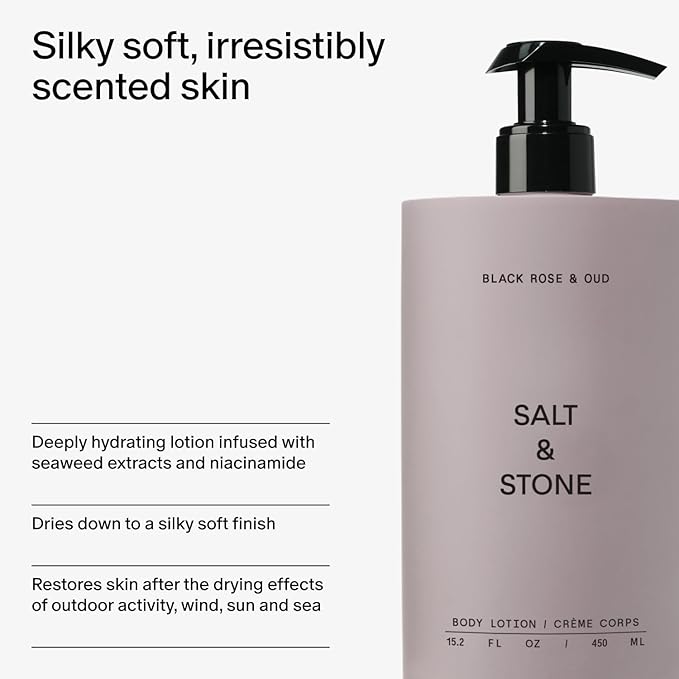 Salt & Stone Body Lotion for Women & Men| Scented Daily Body Lotion | Hydrates, Nourishes & Softens Skin | Restores Dry Skin | Fast-Absorbing | Cruelty-Free & Vegan (450 ml) (Black Rose & Oud)-Velvo Beauty