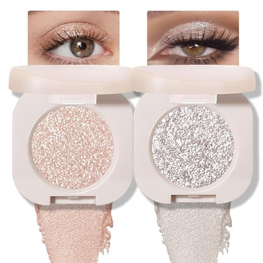 2Pcs Glitter Shimmer Sparkle Eyeshadow Palette Makeup for Green Blue Eyes, Light Brown&Sliver Glitter Shimmer eyeshadow Palette, Cream Iridescent Single Monochrome Eye Shadow Makeup-Velvo Beauty