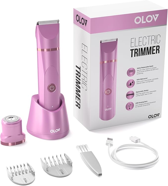 OLOV Electric Body Hair Trimmer - Groin Trimmer for Men - Bikini Trimmer Women - Wet/Dry Shaver Groomer, Replaceable Ceramic Blade Heads, USB Recharge Dock, Waterproof Hygiene Razor, Pink-Velvo Beauty