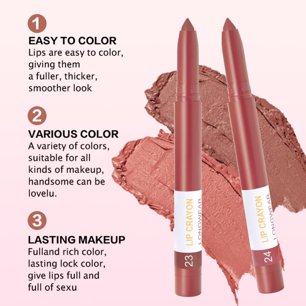 BINGBRUSH Matte Lip Crayon Set – Longwear, Waterproof, Velvet Finish, Built-in Sharpener, Smooth Lip Liner & Gloss (23#+24#, 2 Count (Pack of 1))-Velvo Beauty